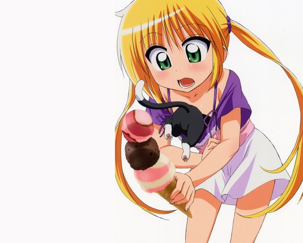 Anime picture 4000x3200 with hayate no gotoku! sanzenin nagi single long hair blush highres open mouth simple background blonde hair white background twintails green eyes absurdres loli girl skirt food sweets cat ice cream
