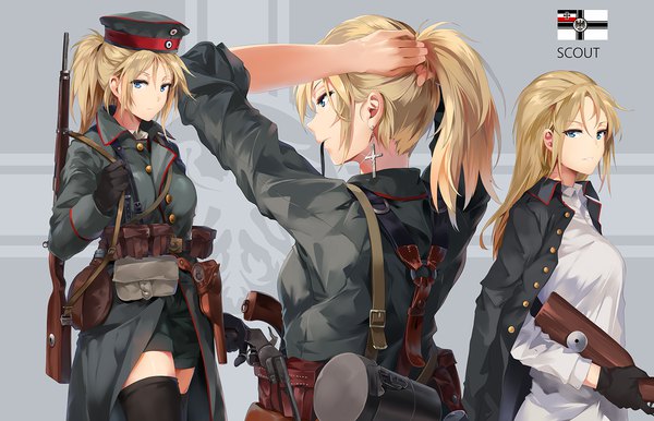 Anime picture 1500x967 with battlefield battlefield 1 neko (yanshoujie) long hair looking at viewer blush fringe breasts blue eyes blonde hair hair between eyes large breasts standing holding ponytail parted lips from behind grey background open clothes mouth hold