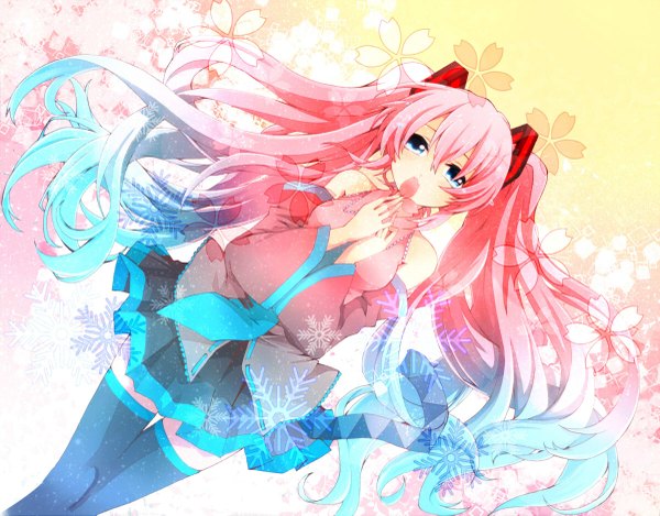 Anime picture 1200x939 with vocaloid hatsune miku yuki miku sakura miku kanna (chaos966) single long hair blue eyes twintails bare shoulders pink hair multicolored hair girl flower (flowers) detached sleeves petals thigh boots snowflake (snowflakes)