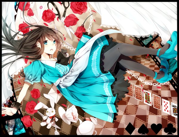 Anime picture 2000x1533 with alice in wonderland aoray single long hair highres open mouth blue eyes black hair girl dress flower (flowers) toy stuffed animal cup card (cards) scissors