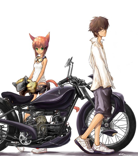 Anime picture 900x1013 with lin+ tall image short hair simple background brown hair white background purple eyes holding green eyes animal ears tail animal tail cat ears cat tail hands in pockets girl boy glasses shorts short shorts