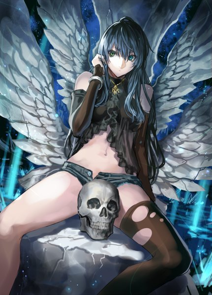 Anime picture 862x1200 with original ranou single long hair tall image looking at viewer blush sitting bare shoulders blue hair bare legs bare belly spread legs heterochromia torn clothes adjusting hair angel wings bone (bones) denim girl