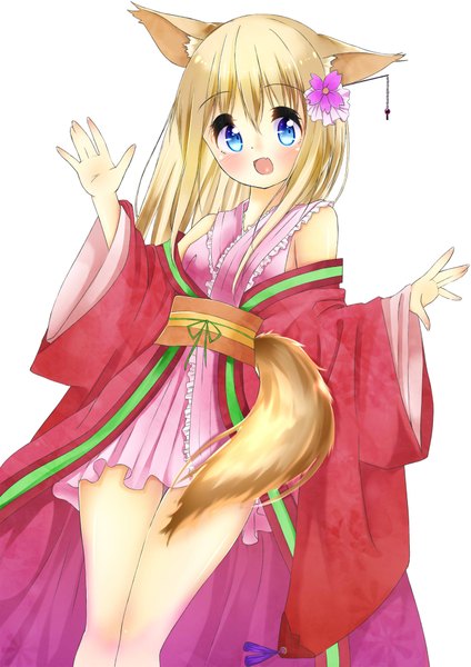 Anime picture 1414x2000 with original kiiharu (artist) single long hair tall image looking at viewer blush open mouth blue eyes blonde hair white background bare shoulders animal ears long sleeves traditional clothes animal tail hair flower girl hair ornament