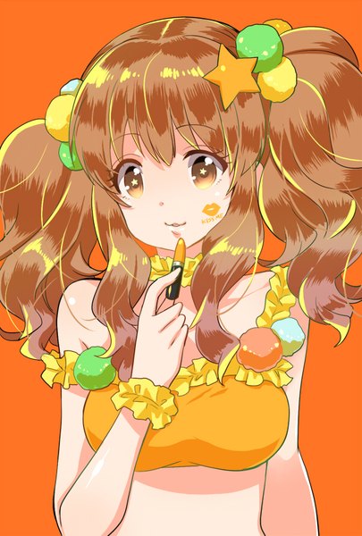 Anime picture 600x888 with idolmaster idolmaster cinderella girls moroboshi kirari ohlala single long hair tall image looking at viewer fringe simple background brown hair twintails brown eyes payot upper body symbol-shaped pupils strap slip orange background lipstick mark girl