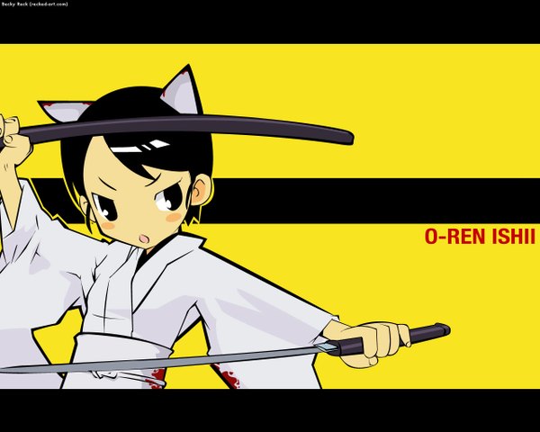 Anime picture 1280x1024 with kill bill kuroboshi kouhaku animal ears cat girl vector cosplay yellow background girl sword