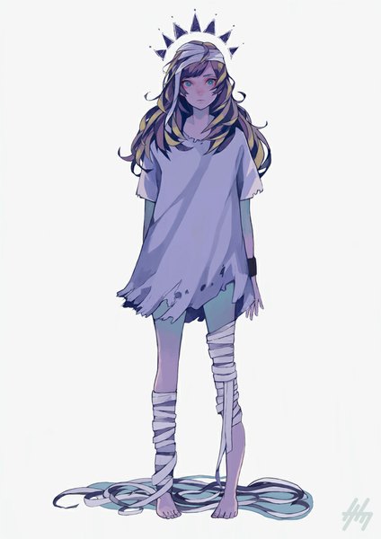 Anime picture 727x1029 with original nanakawa (nanasoon) single long hair tall image looking at viewer fringe simple background blonde hair standing white background signed barefoot aqua eyes torn clothes girl bandage (bandages) wristlet