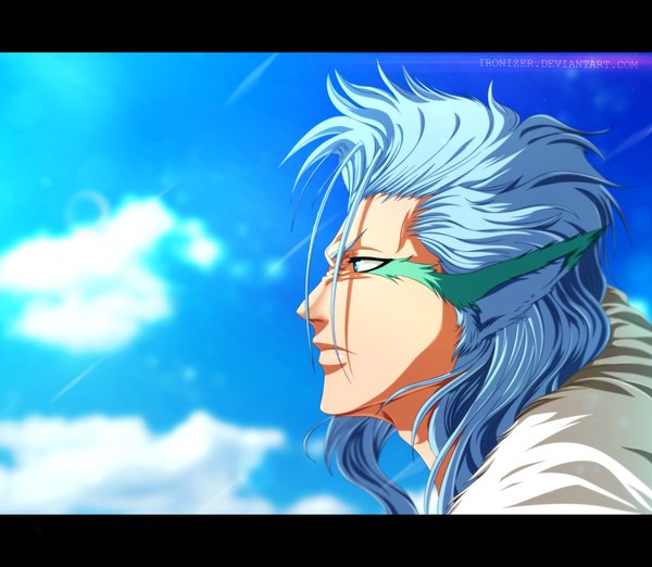 Anime picture 3000x2614 with bleach studio pierrot grimmjow jeagerjaques ironizer single long hair highres blue eyes blue hair sky cloud (clouds) profile sunlight coloring letterboxed espada boy fur