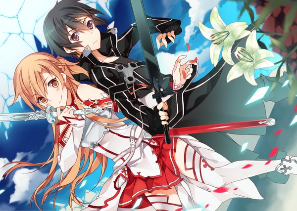 Anime picture 1200x855 with sword art online a-1 pictures yuuki asuna kirigaya kazuto kureaki (exit) long hair blush short hair black hair brown hair brown eyes cloud (clouds) couple girl boy skirt flower (flowers) weapon detached sleeves miniskirt