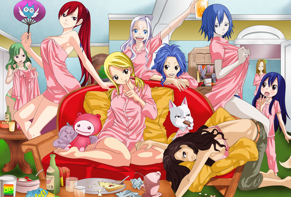 Anime picture 2306x1562 with fairy tail lucy heartfilia erza scarlet wendy marvell juvia lockser happy (fairy tail) mirajane strauss charle (fairy tail) levy mcgarden cana alberona evergreen bisca mulan sal-88 highres open mouth blue eyes light erotic blonde hair smile red eyes