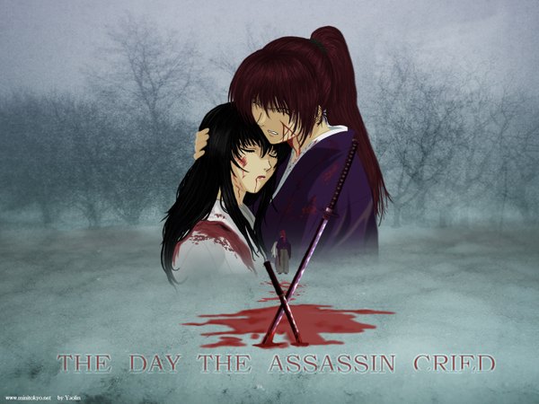 Anime picture 1600x1200 with rurouni kenshin himura kenshin yukishiro tomoe signed japanese clothes scar winter snow bloody clothes crossed swords weapon sword katana blood