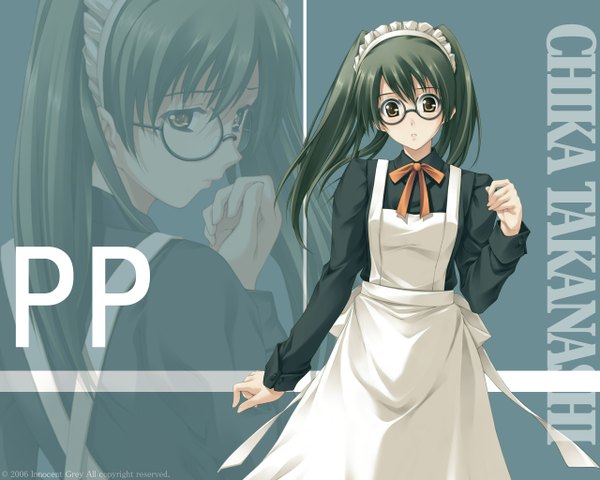 Anime picture 1280x1024 with pianissimo innocent grey yellow eyes green hair maid girl glasses chika takanashi