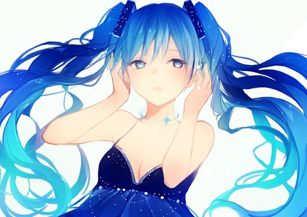 Anime picture 1000x708 with vocaloid hatsune miku lpip single long hair blue eyes simple background white background twintails bare shoulders blue hair close-up starry sky print girl dress choker headphones blue dress