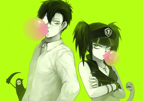 Anime picture 1052x744 with blood lad brains base (studio) vlad d. braz beros (blood lad) kosoado long hair short hair black hair simple background twintails green eyes couple short twintails crossed arms pale skin green background girl boy shirt glasses
