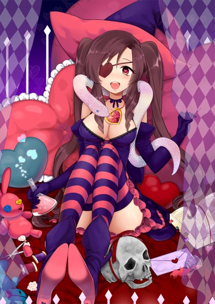 Anime picture 1000x1414 with original nacsi (amo) single long hair tall image looking at viewer breasts open mouth light erotic black hair red eyes twintails witch girl thighhighs dress gloves hat animal elbow gloves