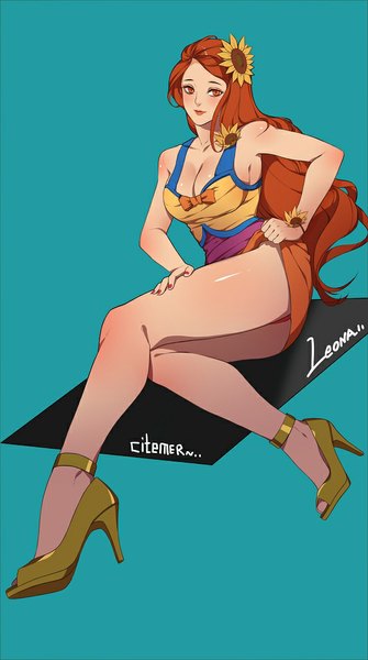 Anime picture 573x1024 with league of legends leona (league of legends) pool party leona gu-ko citemer single long hair tall image looking at viewer breasts light erotic simple background light smile orange hair orange eyes high heels legs girl underwear panties orange panties