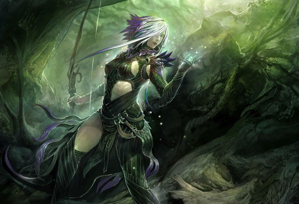 Anime picture 880x600 with guild wars 2 fringe short hair breasts standing holding looking away purple hair outdoors white hair lips hair over one eye magic fantasy nature girl weapon plant (plants) sword tree (trees)