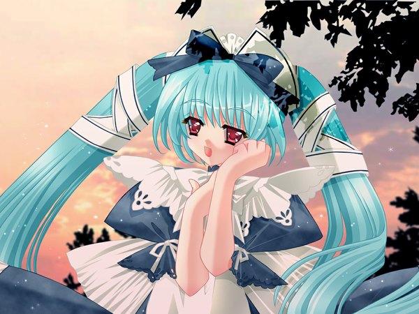 Anime picture 1152x864 with red eyes twintails sky aqua hair maid bow