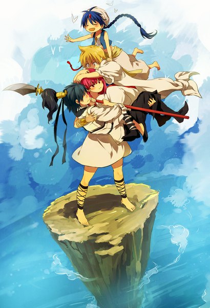 Anime picture 700x1024 with magi the labyrinth of magic a-1 pictures morgiana aladdin (magi) ali baba saluja ren hakuryuu nuriko-kun (artist) long hair tall image blush black hair blonde hair blue hair sky cloud (clouds) ahoge braid (braids) eyes closed profile barefoot