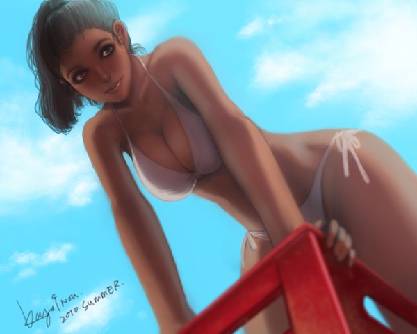 Anime picture 1500x1200 with kayei nou single long hair highres breasts light erotic large breasts signed sky cloud (clouds) lips grey hair grey eyes dark skin girl swimsuit bikini