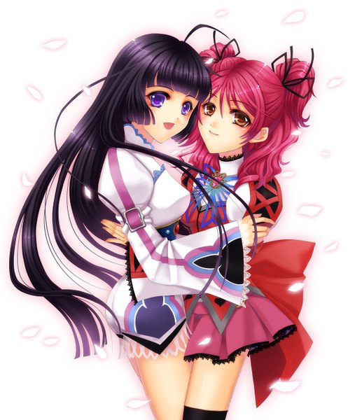 Anime picture 1260x1460 with tales of hearts tales of graces cheria barnes kohak hearts long hair tall image open mouth black hair smile red eyes purple eyes multiple girls ahoge red hair hug girl dress ribbon (ribbons) 2 girls hair ribbon