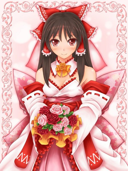 Anime picture 768x1024 with touhou hakurei reimu hozenkakari single long hair tall image looking at viewer blush black hair smile red eyes bare shoulders girl flower (flowers) bow hair bow detached sleeves bouquet