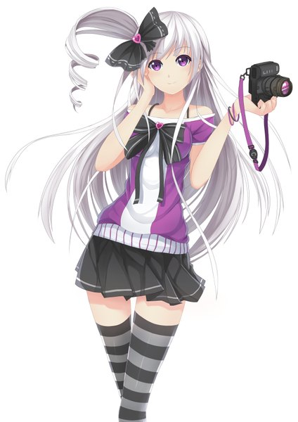 Anime picture 1200x1697 with original riki-to single long hair tall image simple background smile white background purple eyes white hair one side up drill hair girl thighhighs dress bow hair bow striped thighhighs camera