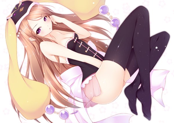 Anime picture 1200x850 with mawaru penguindrum takakura himari shokuyou mogura single long hair light erotic brown hair pink eyes no shoes girl thighhighs dress black thighhighs hat corset