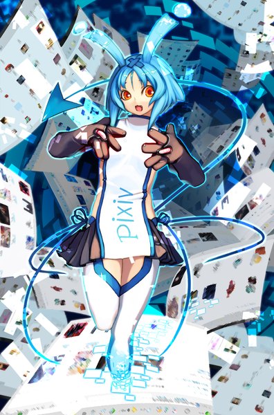 Anime picture 1058x1600 with original pixiv pixiv-tan tsunekun single tall image short hair open mouth red eyes blue hair girl directional arrow