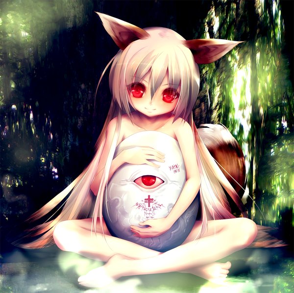 Anime picture 1200x1195 with original hitomaru single long hair looking at viewer light erotic blonde hair smile red eyes sitting bare shoulders animal ears tail animal tail barefoot nude bare legs fox ears fox tail fox girl