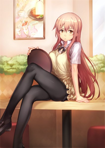 Anime picture 700x988 with working!! a-1 pictures takanashi souta takanashi kotori shigaraki (strobe blue) single long hair tall image looking at viewer blush fringe sitting brown eyes pink hair bent knee (knees) indoors pleated skirt crossed legs open collar otoko no ko