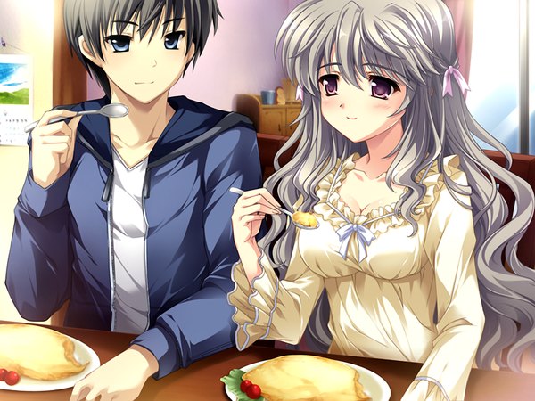 Anime picture 1024x768 with damatte watashi no muko ni nare! long hair blush short hair blue eyes black hair brown eyes game cg silver hair grey hair couple curly hair girl boy food spoon