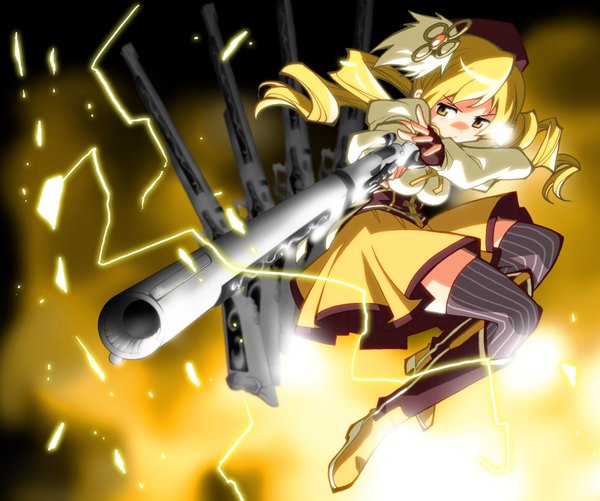 Anime picture 1200x1002 with mahou shoujo madoka magica shaft (studio) tomoe mami single blonde hair yellow eyes drill hair girl thighhighs gloves hair ornament weapon hat fingerless gloves gun striped thighhighs rifle musket