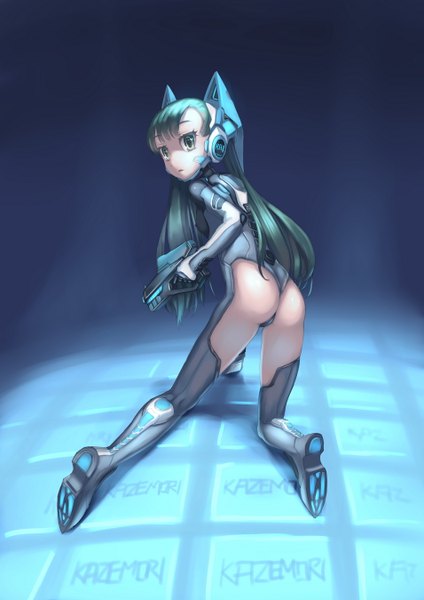 Anime picture 955x1350 with un-go studio bones sasa kazamori observerz single long hair tall image breasts light erotic green eyes animal ears ass green hair from behind cat ears back flat chest on all fours gloves weapon