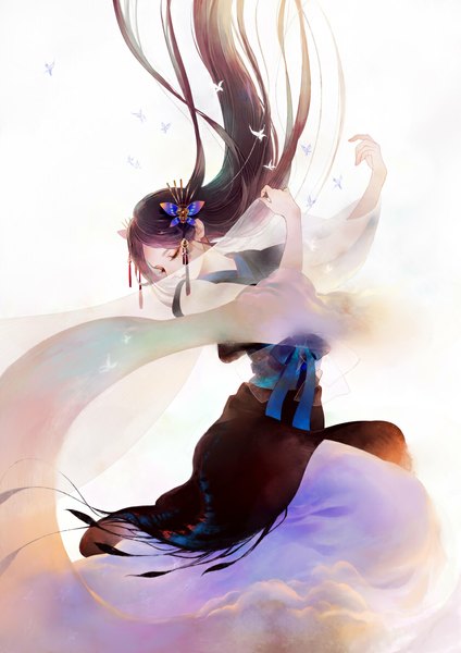 Anime picture 841x1190 with original sanrindou single long hair tall image black hair eyes closed traditional clothes japanese clothes girl hair ornament ribbon (ribbons) scarf insect butterfly butterfly hair ornament hairpin (hairpins)