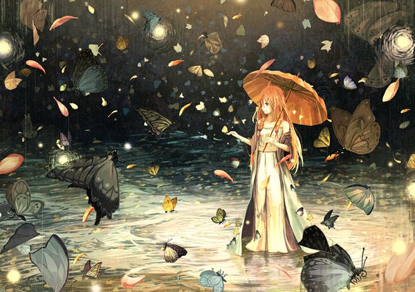 Anime picture 1000x704 with vocaloid ia (vocaloid) gemi single long hair smile brown eyes looking away braid (braids) orange hair alternate costume twin braids rain glow girl dress petals water white dress leaf (leaves)
