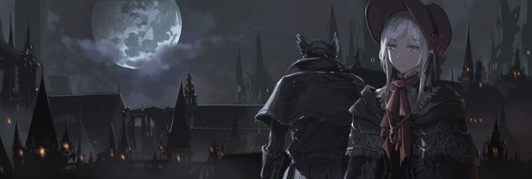 Anime picture 4000x1351 with bloodborne from software hunter (bloodborne) plain doll aegisfate long hair fringe highres wide image standing looking away sky silver hair outdoors night night sky back city city lights architecture