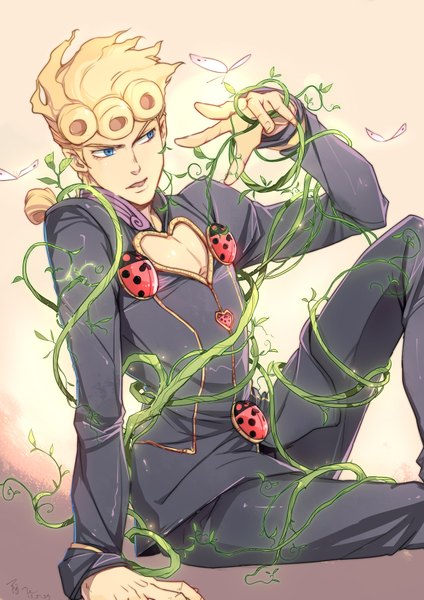 Anime picture 1200x1697 with jojo no kimyou na bouken giorno giovanna linjie single tall image short hair open mouth blue eyes simple background blonde hair sitting signed looking away boy plant (plants) insect butterfly