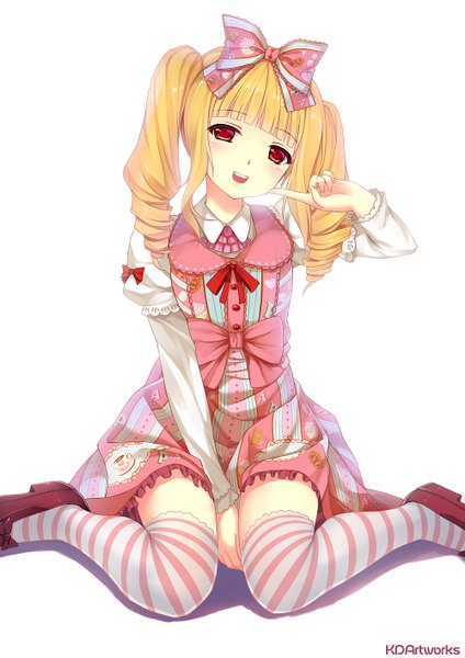 Anime picture 1000x1414 with original caidychen long hair tall image open mouth simple background blonde hair red eyes white background drill hair lolita fashion sweet lolita girl thighhighs dress bow hair bow striped thighhighs