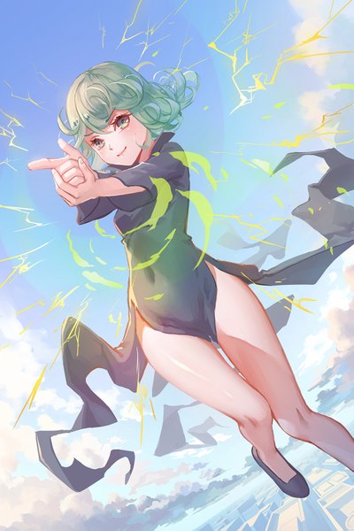 Anime picture 1205x1807 with one-punch man madhouse tatsumaki shou shizuku (deme) single tall image looking at viewer blush smile green eyes sky bent knee (knees) fingernails green hair bare legs legs covered navel side slit weightlessness lightning