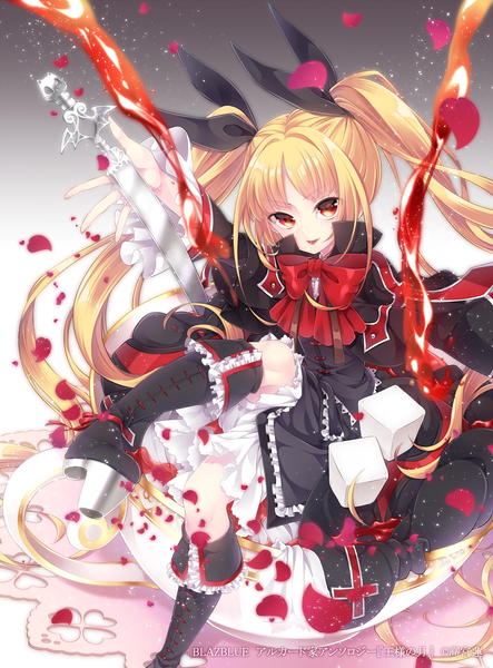 Anime picture 1477x2000 with blazblue rachel alucard takamiya ren single long hair tall image looking at viewer blonde hair red eyes twintails loli girl dress bow hair bow petals boots tongue bowtie black dress