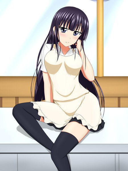 Anime picture 1725x2300 with working!! a-1 pictures yamada aoi tom-ani (artist) long hair tall image blush highres blue eyes black hair girl thighhighs black thighhighs apron