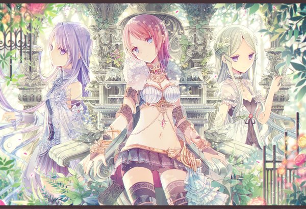 Anime picture 1500x1029 with original fruit punch long hair looking at viewer blue eyes purple eyes multiple girls pink hair purple hair green hair letterboxed girl dress navel flower (flowers) plant (plants) petals shorts frills 3 girls