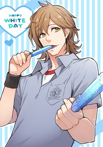 Anime picture 707x1000 with sweet pool nitro+chiral mita makoto minoa (lastswallow) single tall image fringe short hair hair between eyes brown hair yellow eyes looking away upper body striped background white day boy food sweets ice cream wristlet