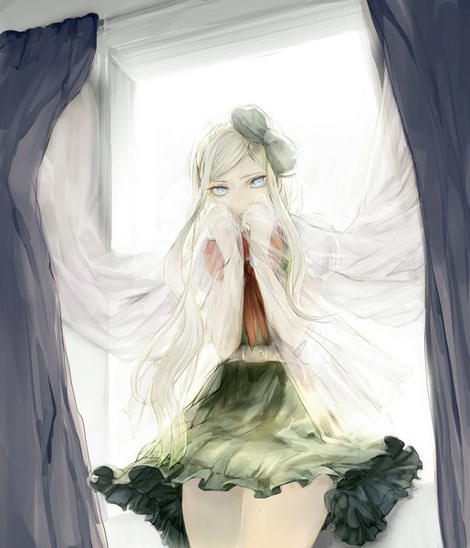 Anime picture 800x933 with dangan ronpa super dangan ronpa 2 sonia nevermind ichimura (kiln) single long hair tall image blue eyes looking away indoors grey eyes covering covering face girl dress bow hair bow window curtains