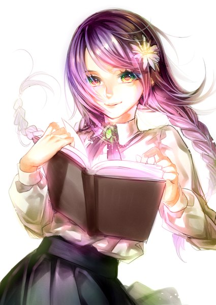 Anime picture 2149x3035 with original tayuya1130 single long hair tall image looking at viewer highres simple background smile white background purple hair braid (braids) pleated skirt hair flower multicolored eyes girl skirt hair ornament flower (flowers) book (books)