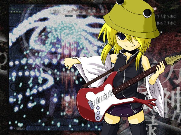 Anime picture 1200x900 with touhou moriya suwako blonde hair girl hat musical instrument guitar