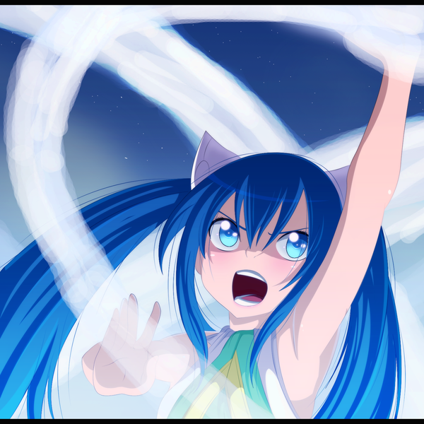 Anime picture 1500x1500 with fairy tail wendy marvell ric9duran single long hair open mouth blue eyes twintails blue hair armpit (armpits) night sky coloring magic angry girl star (stars)