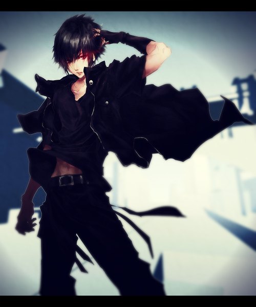 Anime picture 1200x1440 with final fantasy final fantasy xv square enix noctis lucis caelum ritttz single tall image looking at viewer short hair black hair red eyes standing wind open clothes open jacket letterboxed boy gloves navel jacket