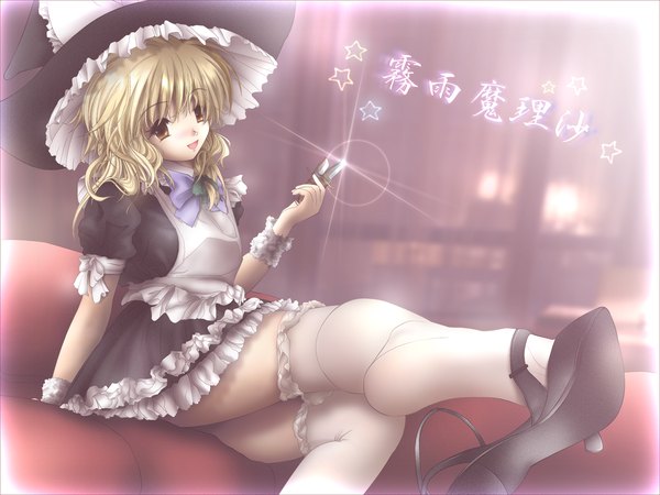 Anime picture 1600x1200 with touhou kirisame marisa gisarme wallpaper girl thighhighs