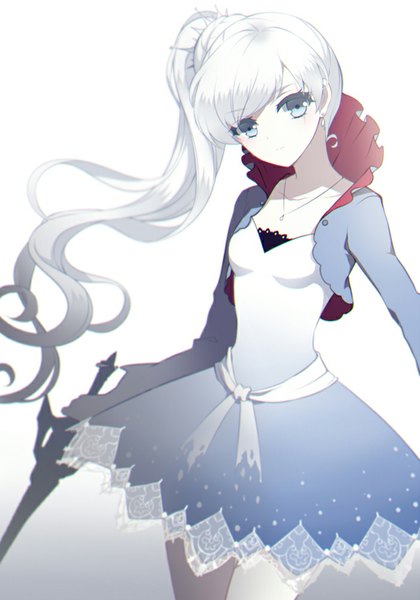 Anime picture 700x1000 with rwby rooster teeth weiss schnee ling (sroin) single long hair tall image looking at viewer fringe blue eyes simple background white background silver hair side ponytail girl dress weapon earrings sword pendant